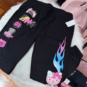 Hello Kitty Black Joggers Medium Racing with Pink and Blue Accents Fleece